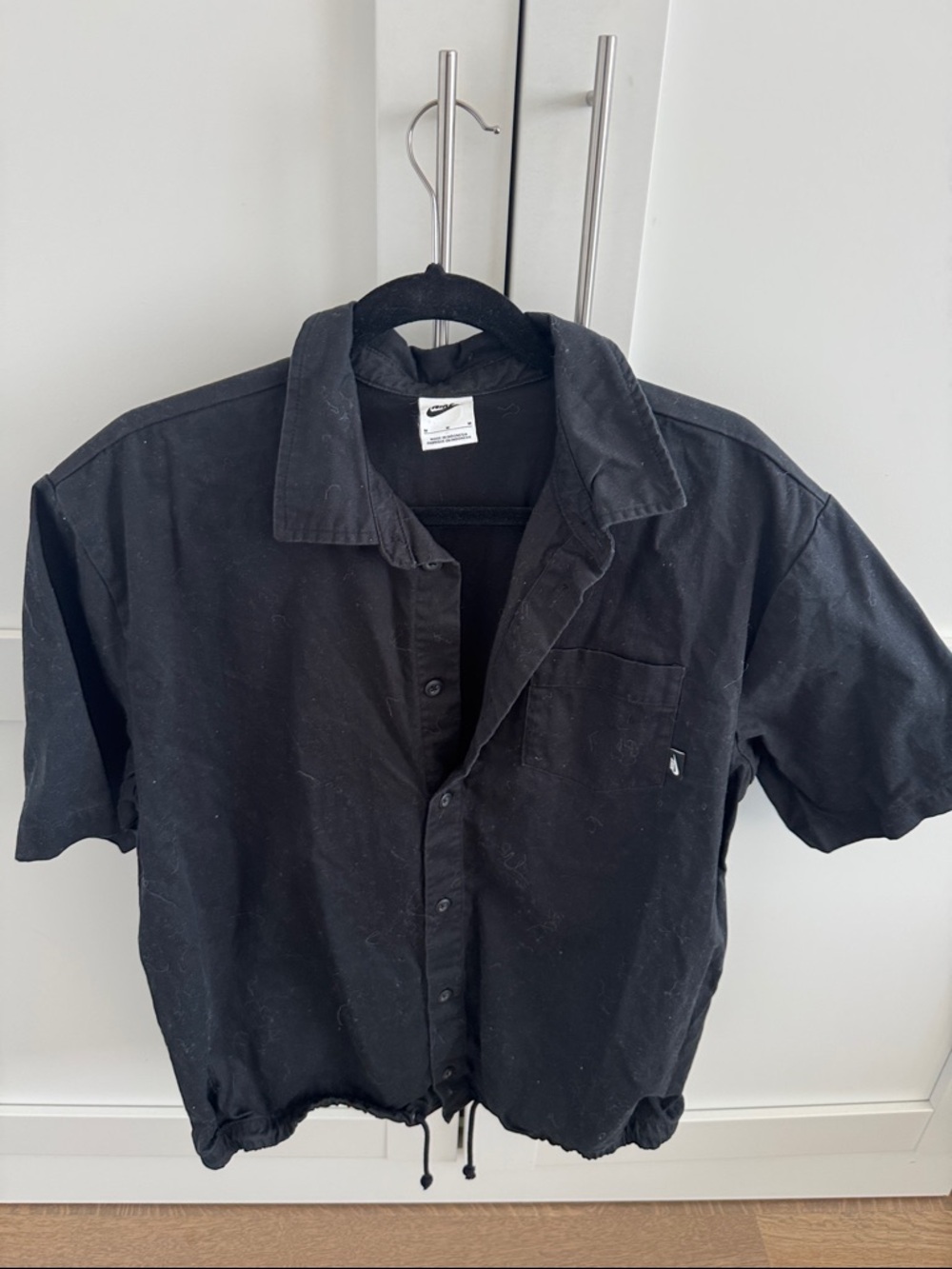 Nike Black Short-Sleeve Button-Down Shirt with Drawstring Hem